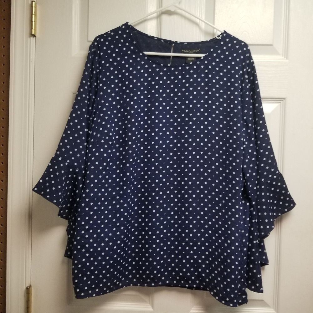 Preswick & Moore Navy Blue & Cream Polka Dot Print Ruffle Flutter Sleeve Size 1X